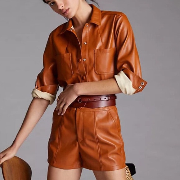 Anthropologie Faux Leather Short Set Top Tan Brown NWT size 8 - Picture 4 of 6